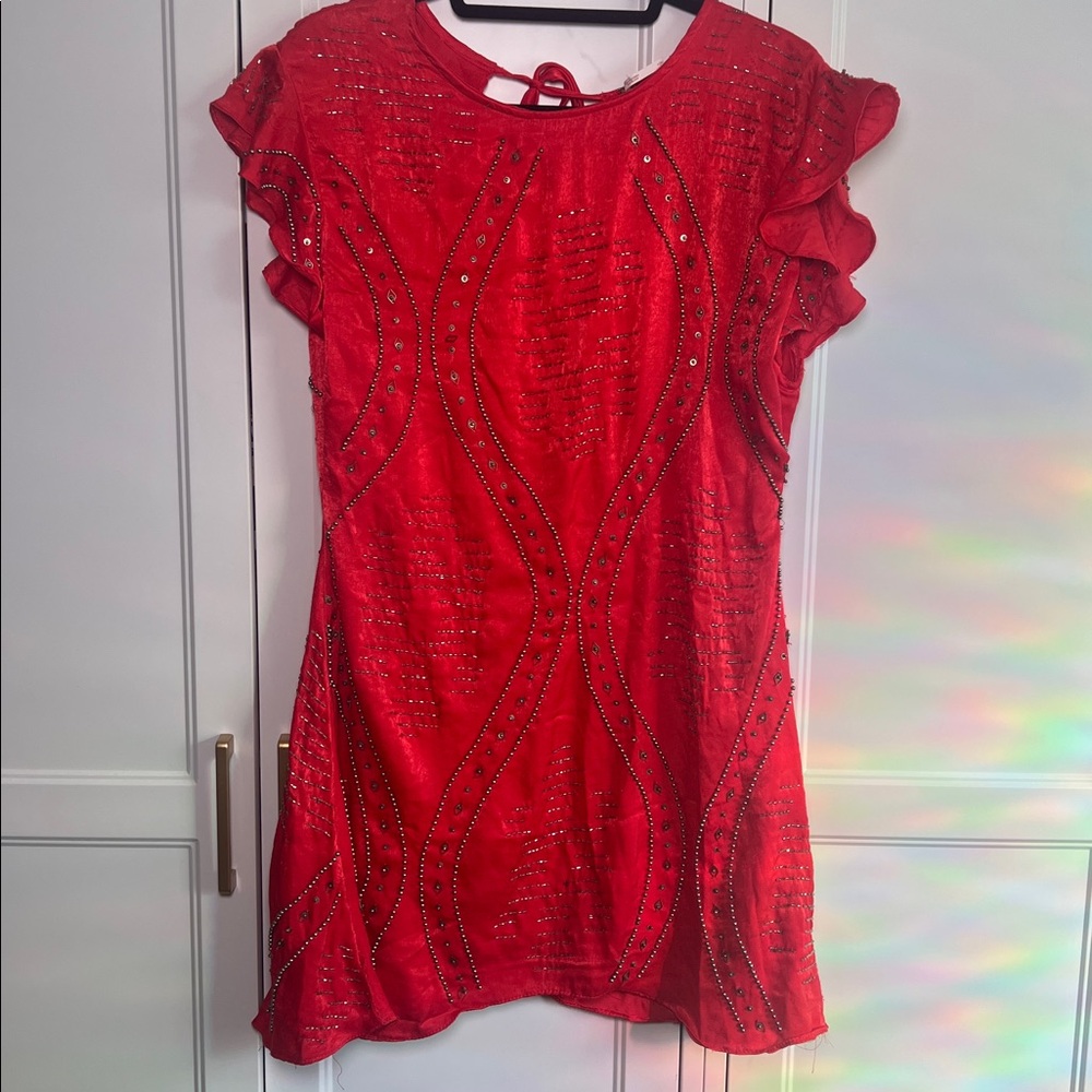 Free People Daisy Red Mini Dress with Beaded Accents NWT
